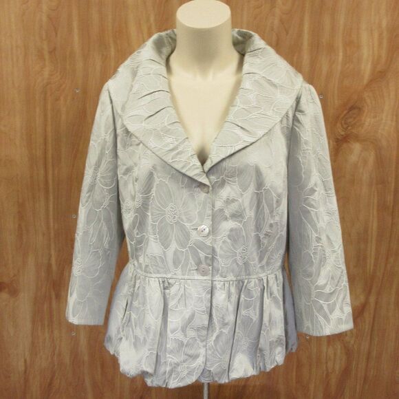 J. JILL Embroidered Floral 3/4 Sleeve Peplum Jacket Size 14 Sterling Gray Blazer - Picture 1 of 15